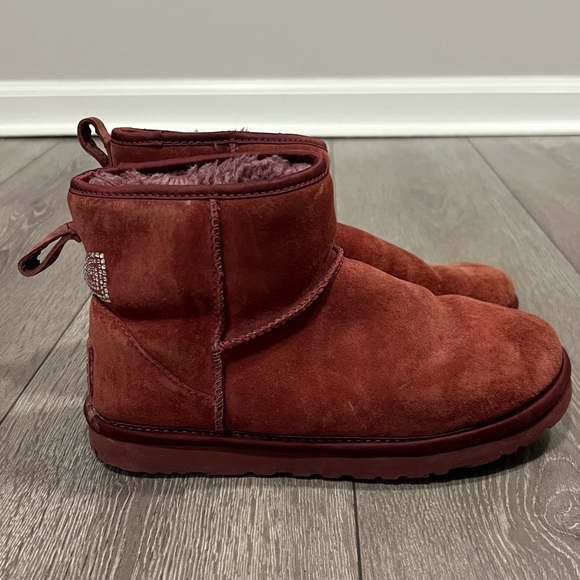 UGG Suede Swarovski Crystal Embellishments Mini Burgundy Sparkle Boots - Picture 3 of 10